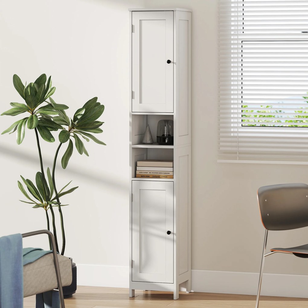 HOMCOM Wysoka smukła szafka łazienkowa z drzwiami, otwarte półki, 30 x 30 x 170 cm, Biały