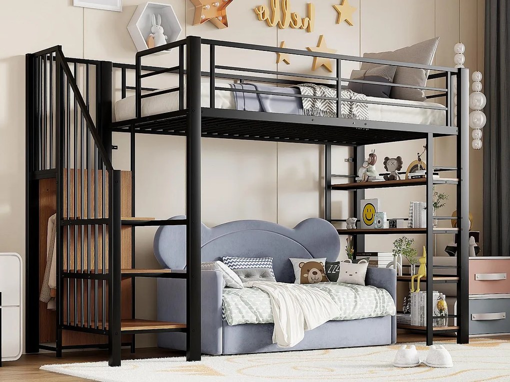 Łóżko antresolowe 90×200 cm - z drabinką bezpieczeństwa - z małą szafką - z otwartymi półkami - czarne