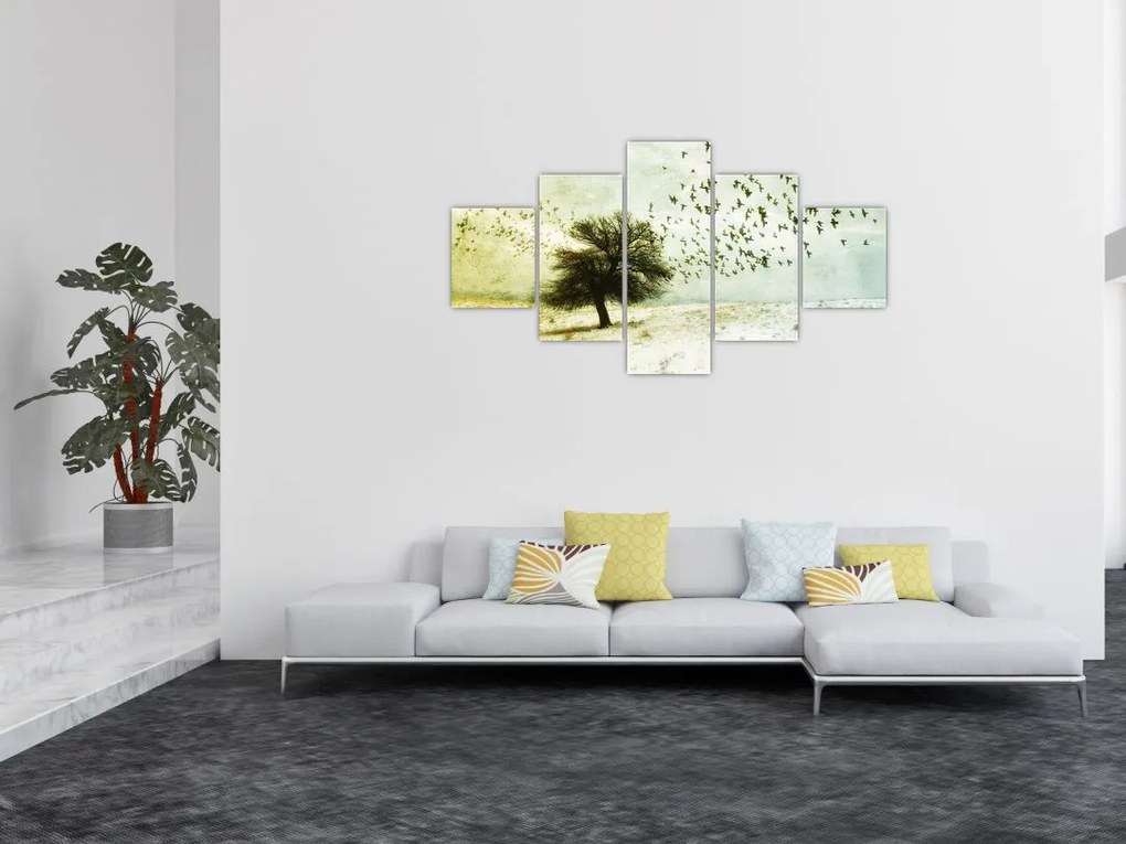 Obraz - Malowane stado ptaków (125x70 cm)