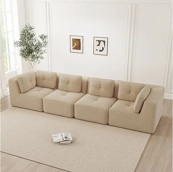 Canapé 4 places modulable, avec 6 coussins, en velours côtelé, 386x104x69cm, Beige