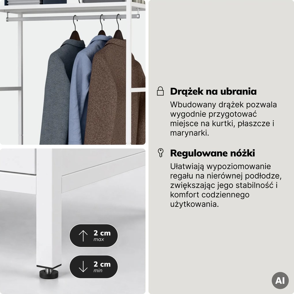 Regał biurowy otwarty z drążkiem na ubrania, do recepcji i poczekalni, metalowy, biały, 800x2200x400 mm: ARIEL