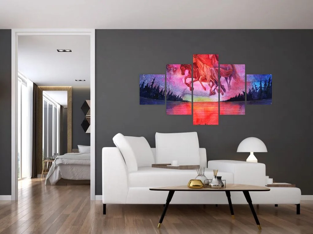 Obraz - Pojawienie się kosmicznych koni nad jeziorem, akwarela (125x70 cm)