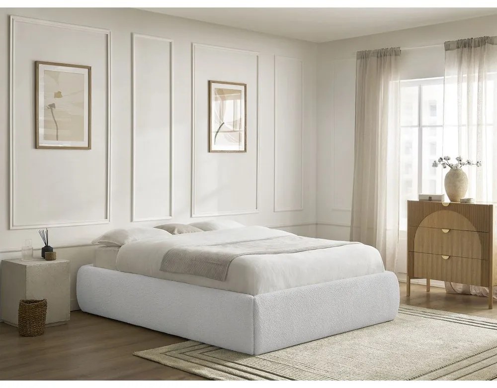 Jasnoszare tapicerowane łóżko dwuosobowe bez zagłówka ze schowkiem i stelażem 160x200 cm Inera – Bobochic Paris