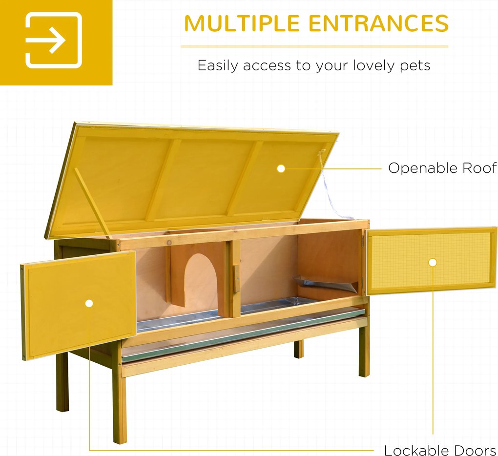PawHut Domek dla królików z drewna z otwieranym dachem, 2 drzwiami, wysuwaną podstawą, 115x44,3x65 cm Jasnożółty | Aosom PL