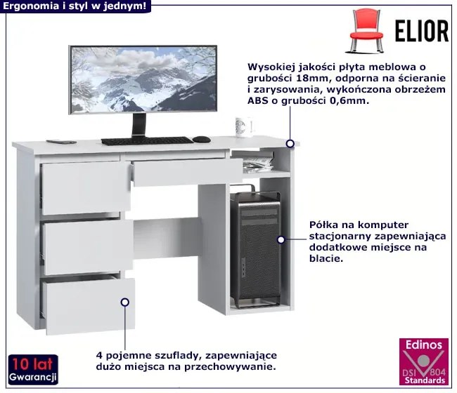 Białe biurko komputerowe z szufladami K8-M74