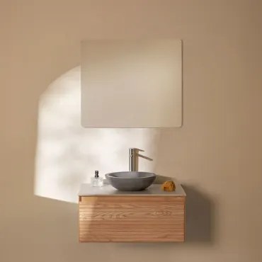 Zestaw Wiszących Mebli Łazienkowych Z Drewna Jesionowego Tedrik Popielaty Brąz & Okrągły Szary Cement - Sklum