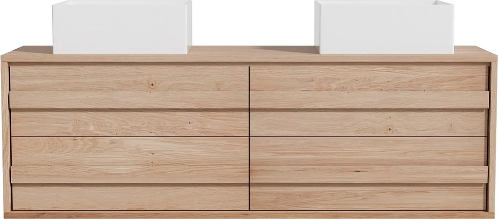 Szafka łazienkowa podwieszana z litego dębu z kwadratową umywalką nablatową - Jasny naturalny - 150 cm - SARLO