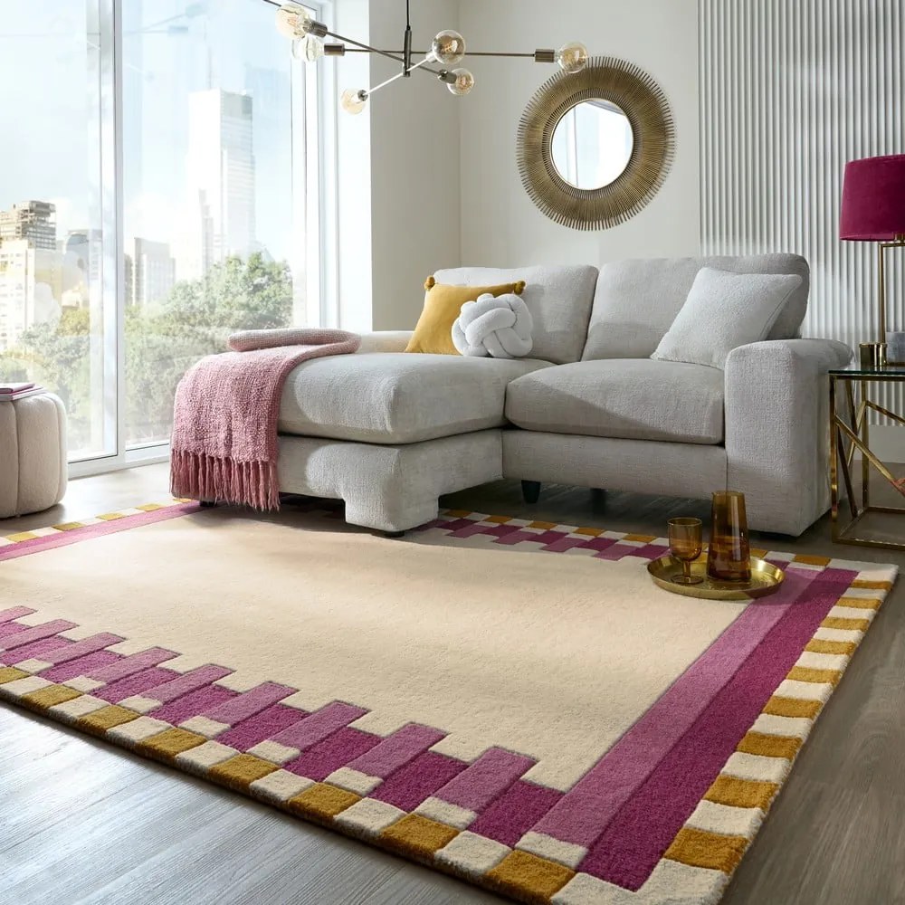 Żółto-różowy wełniany dywan tkany ręcznie 120x170 cm Kai Wool Border – Flair Rugs