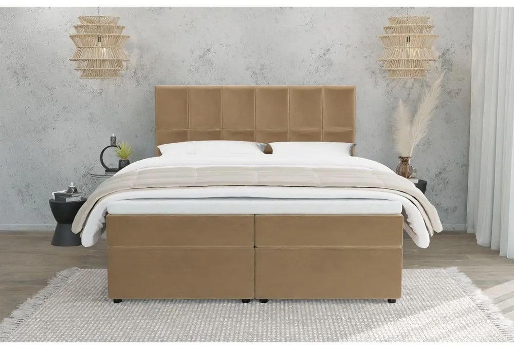 Łóżko boxspring ze schowkiem 140x200 cm w kolorze ochry Flip – Ropez