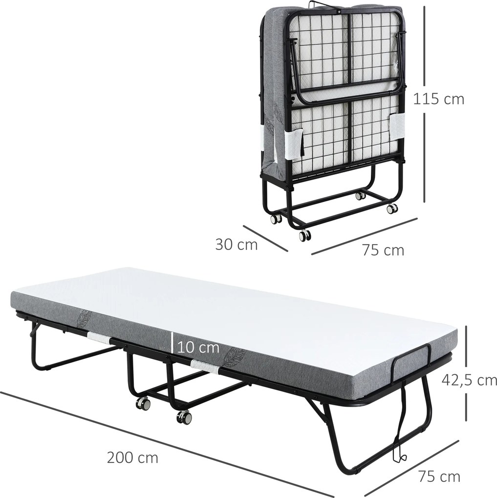 Składane łóżko dla gości HOMCOM 2 w 1 z kółkami, składana stal i pianka