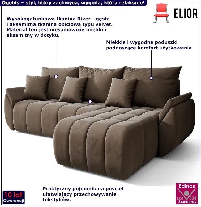 Welurowa brązowa sofa w kształcie litery L - Ikto