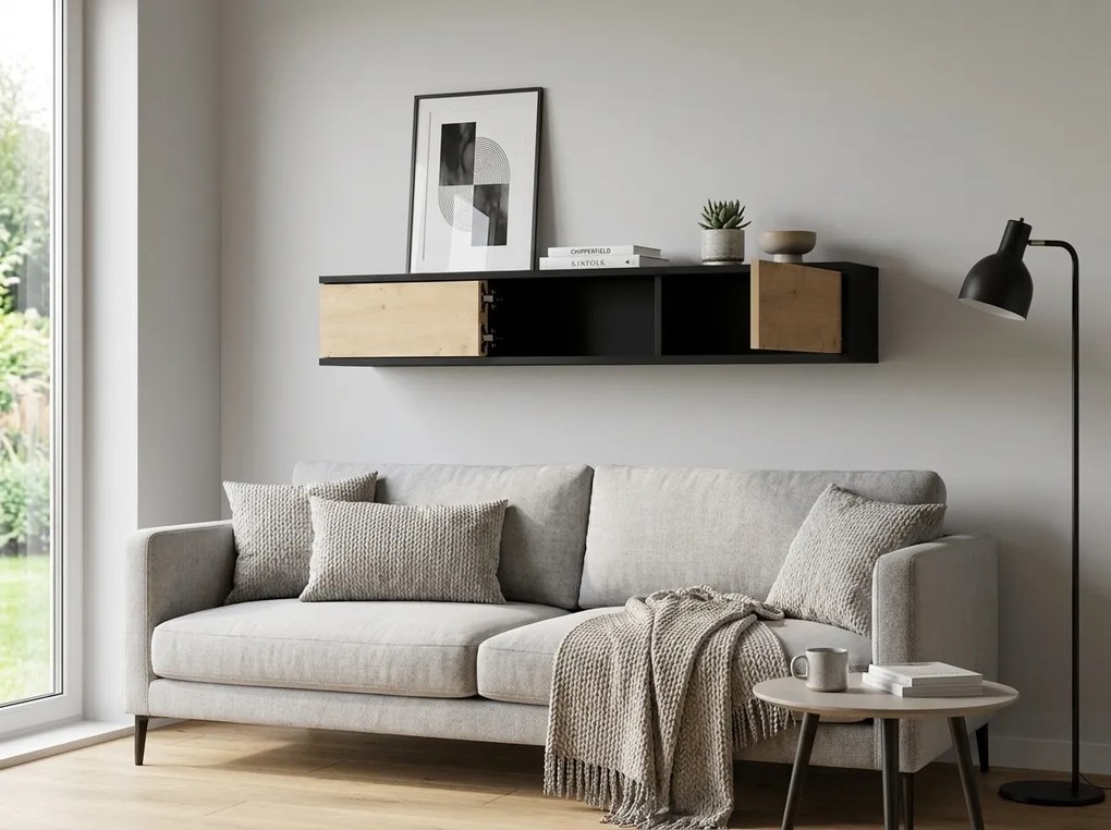 Półka ścienna z szafkami LANZZI 120 cm, czarna/dąb