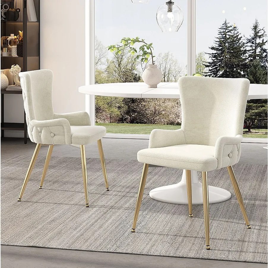 Zestaw 2 krzeseł do jadalni, beżowy aksamit, krzesło z tapicerowanym oparciem i złotymi nogami, do salonu i sypialni