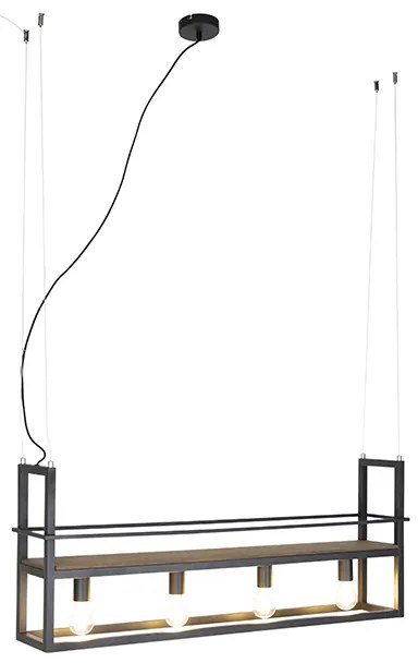 Inteligentna lampa wisząca czarna z drewnem i półką 4-światłowa z WiFi A60 - Cage RackPrzemysłowy Oswietlenie wewnetrzne