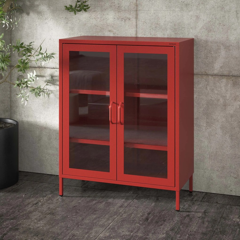 Witryna przeszklona niska czerwona: Modern GINA, 800 x 1015 x 400 mm