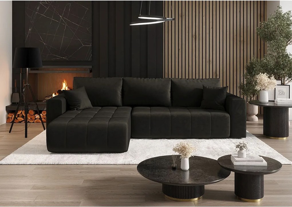 Narożnik z funkcją spania MILO Monolith 95 czarny lewy sofa w kształcie L z pojemnikiem na pościel sofa do salonu, sofa rozkładana, sofa z pojemnikiem