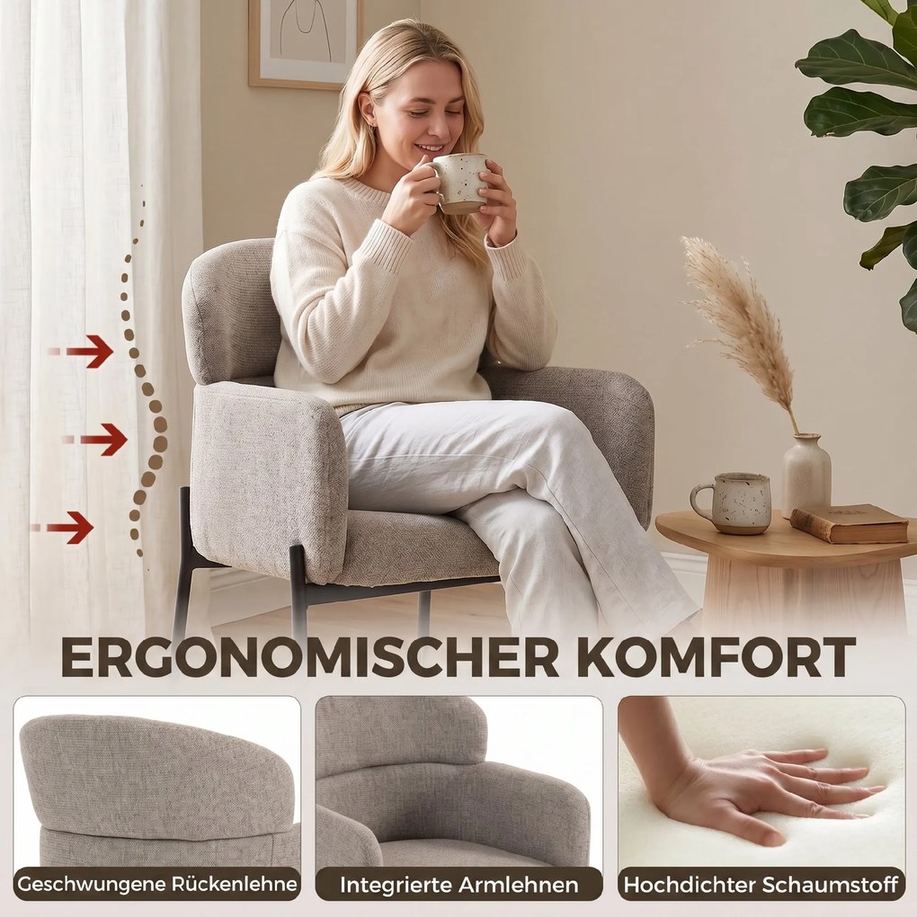 HOMCOM Nowoczesny fotel akcentowy, fotel z chenille z pianką o wysokiej gęstości, ergonomiczne oparcie, metalowe nogi, jasnobrązowy | Aosom PL