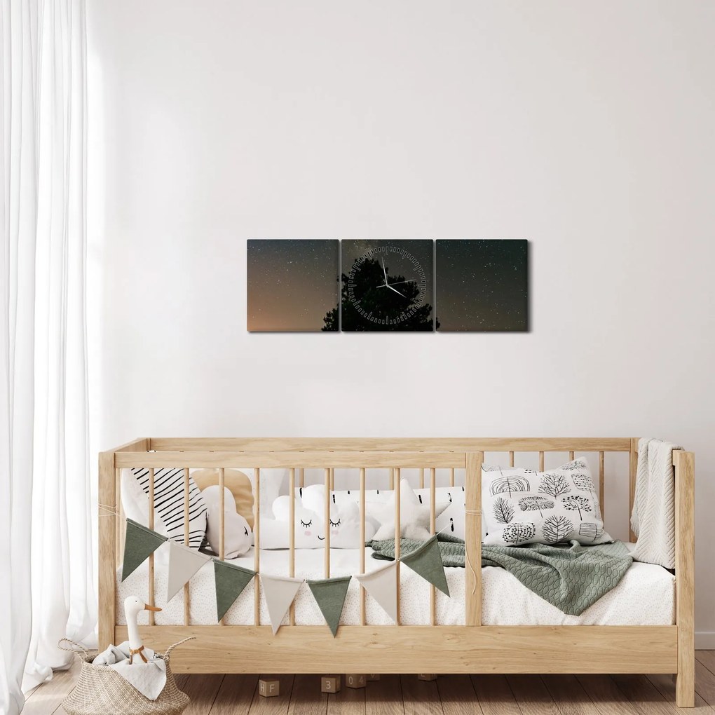 Obraz nocnego nieba z drzewami (z zegarem) (90x30 cm)