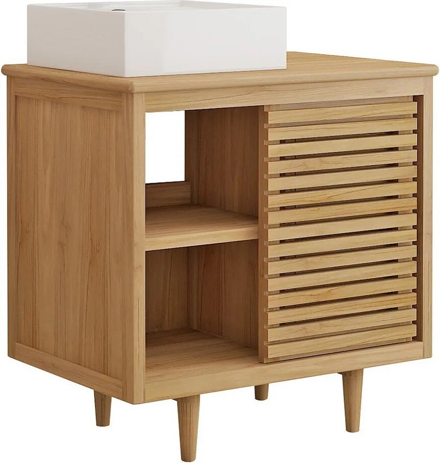 Szafka łazienkowa na nogach z drewna tekowego z kwadratową umywalką nablatową ceramiczną - S80 cm - TORAJA