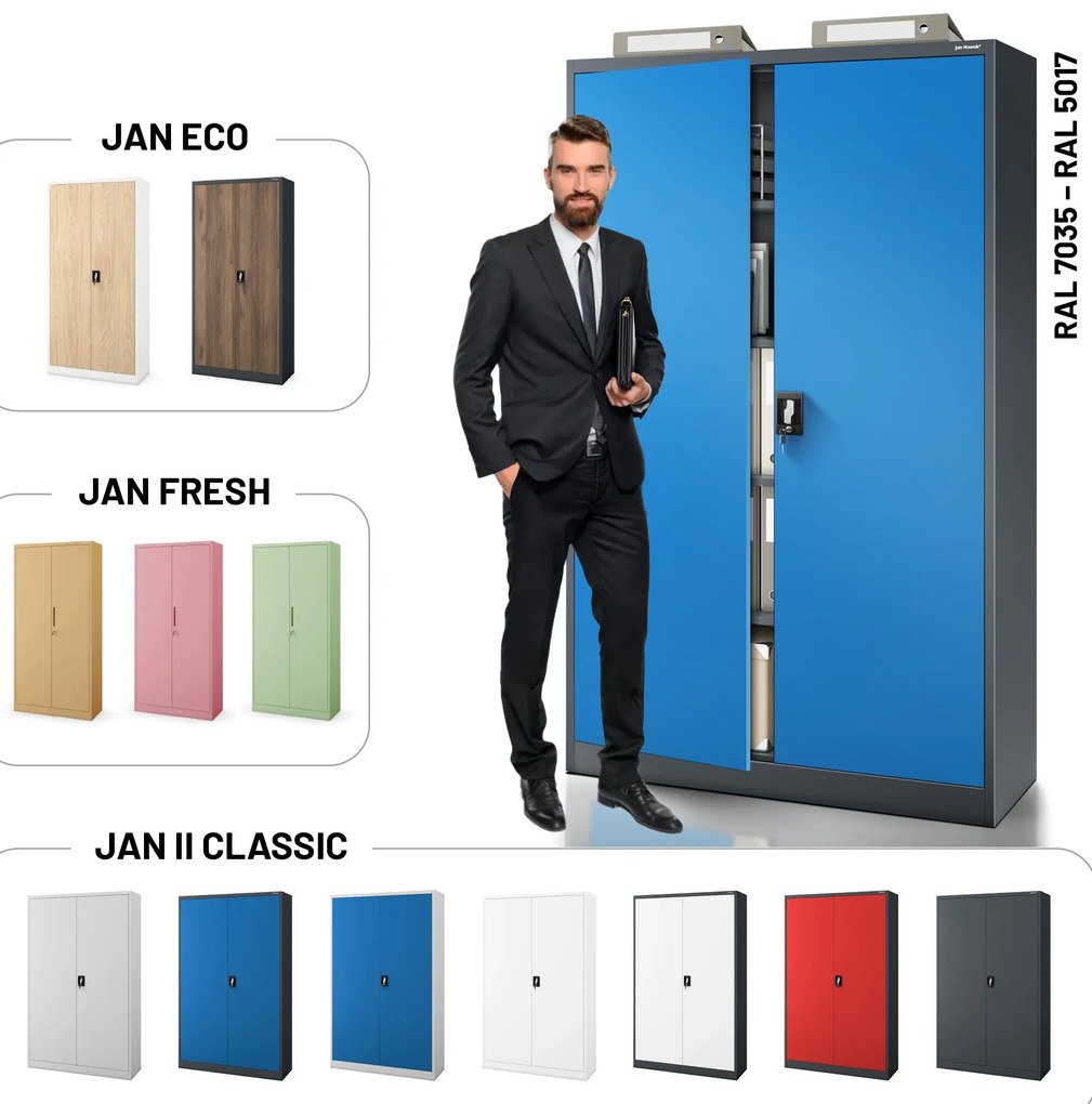 Szafa biurowa metalowa na akta antracytowo-niebieska JAN II, 1150 x 1850 x 400 mm