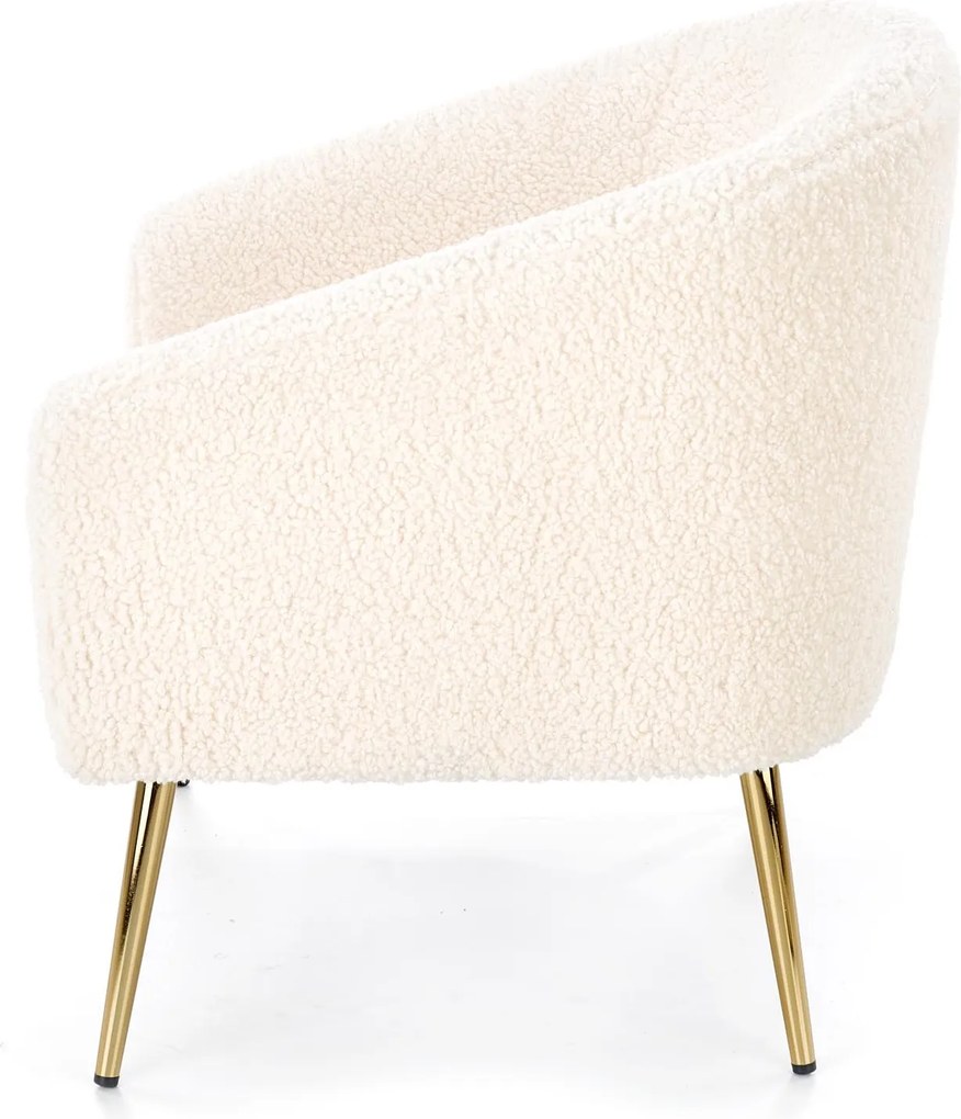 Fotel Grifon tapicerowany tkaniną typu baranek na złotych nóżkach