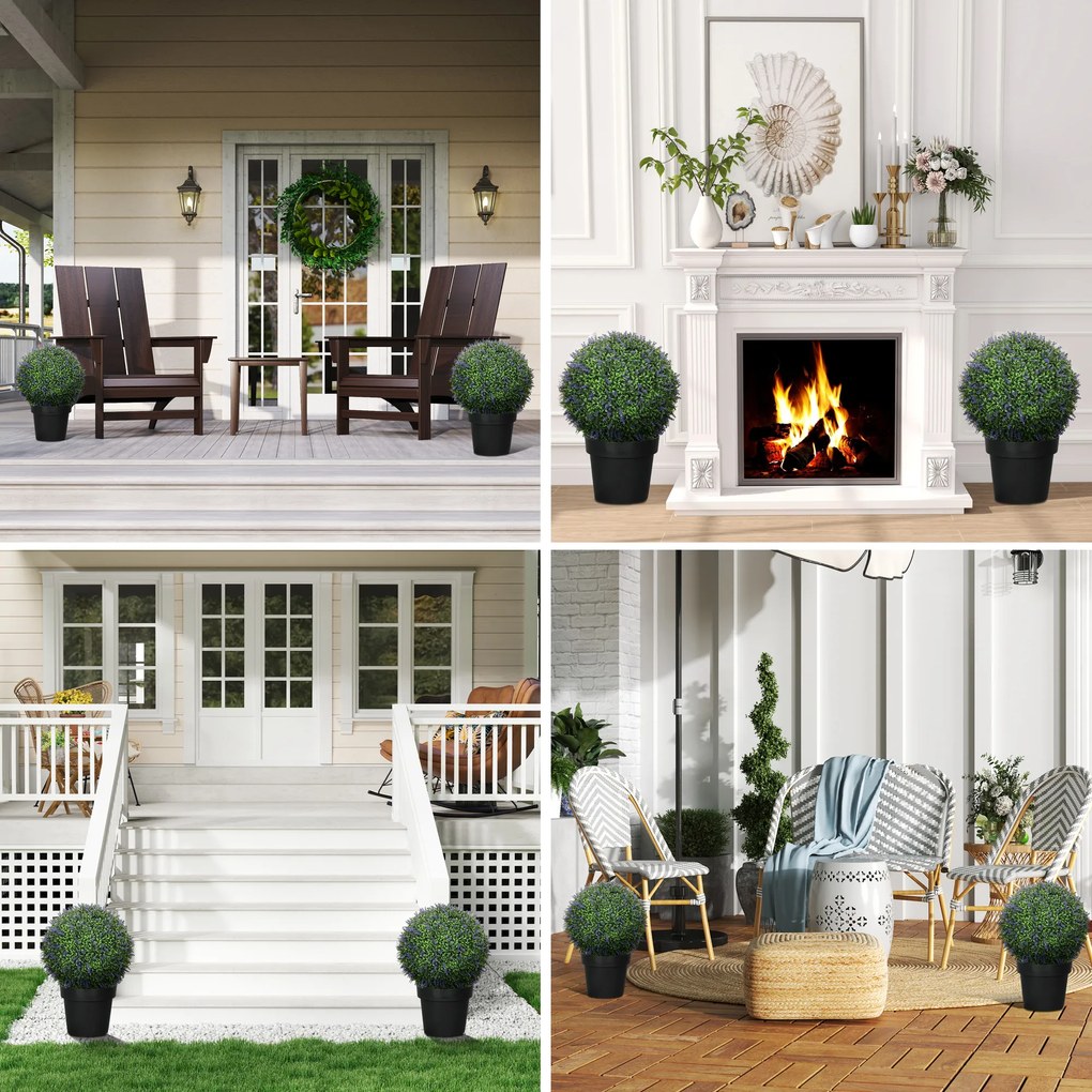 HOMCOM Zestaw 2 Sztucznych Roślin w Kształcie Kulki, UV-odporne, Sztuczne Rośliny do Domu i na Zewnątrz, 42 cm, Zielony+Fiolet