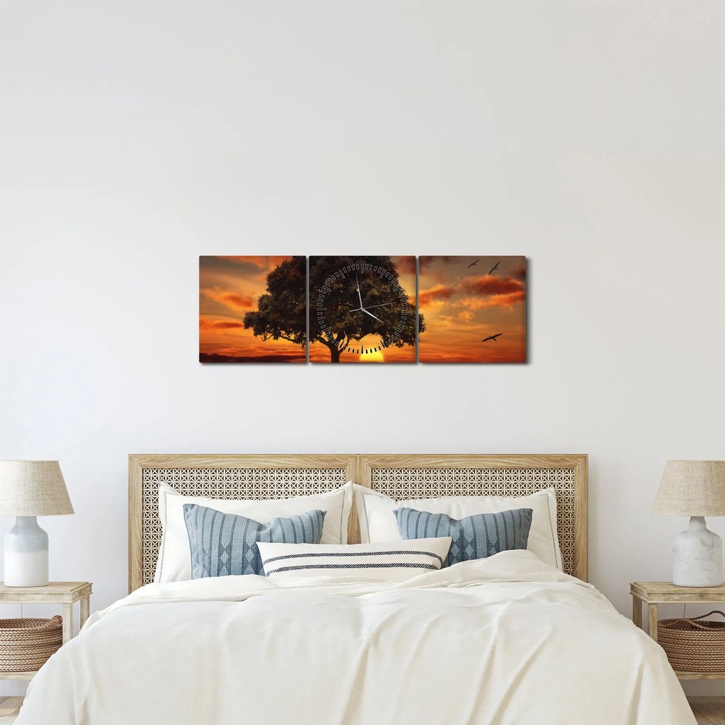 Obraz drzewa o zachodzie słońca (z zegarem) (90x30 cm)