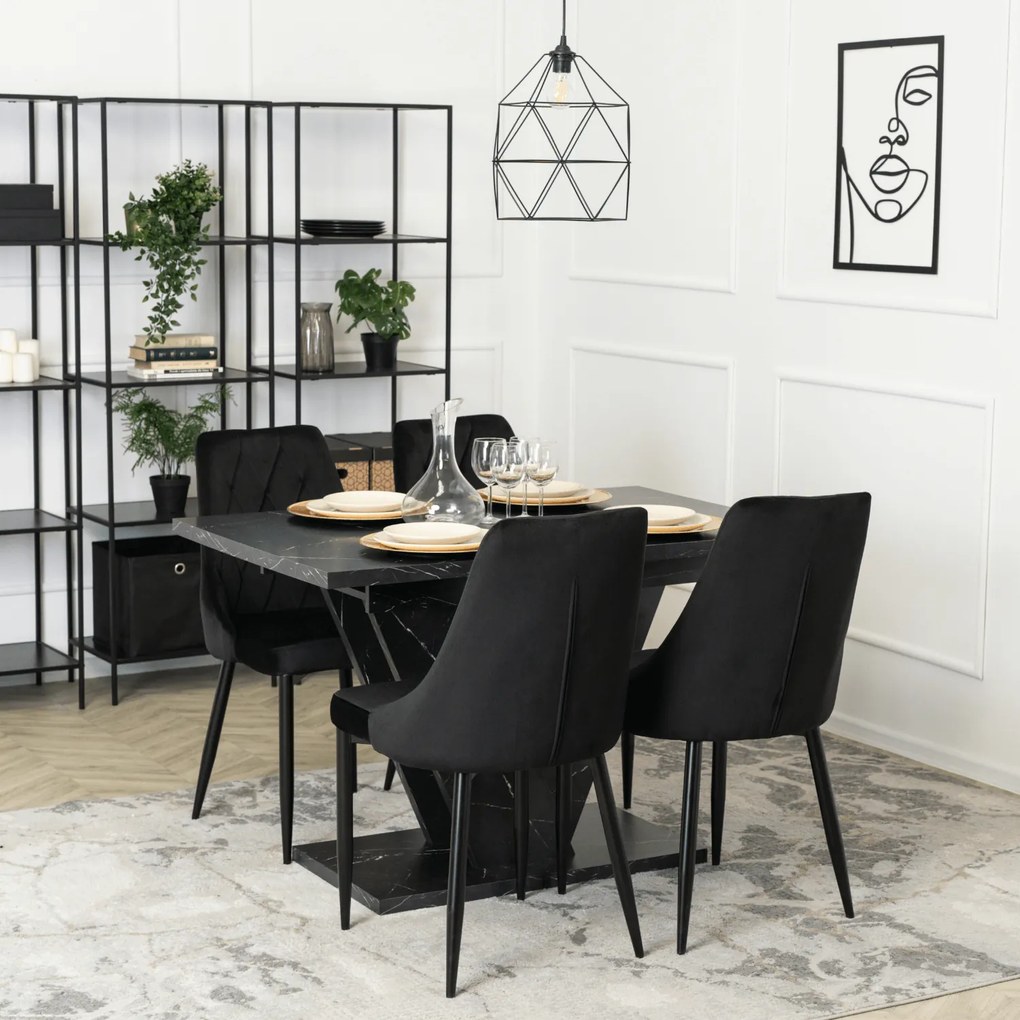 Zestaw Stół Prostokątny Rozkładany CLARK 120-160 cm Czarny Marmur i 4 Krzesła Tapicerowane CORK Czarne Welurowe Loft