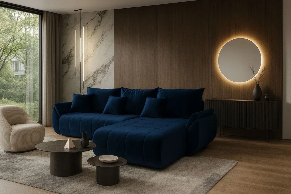 Błękitna Nowoczesna Kanapa Z Szezlongiem H6-D61