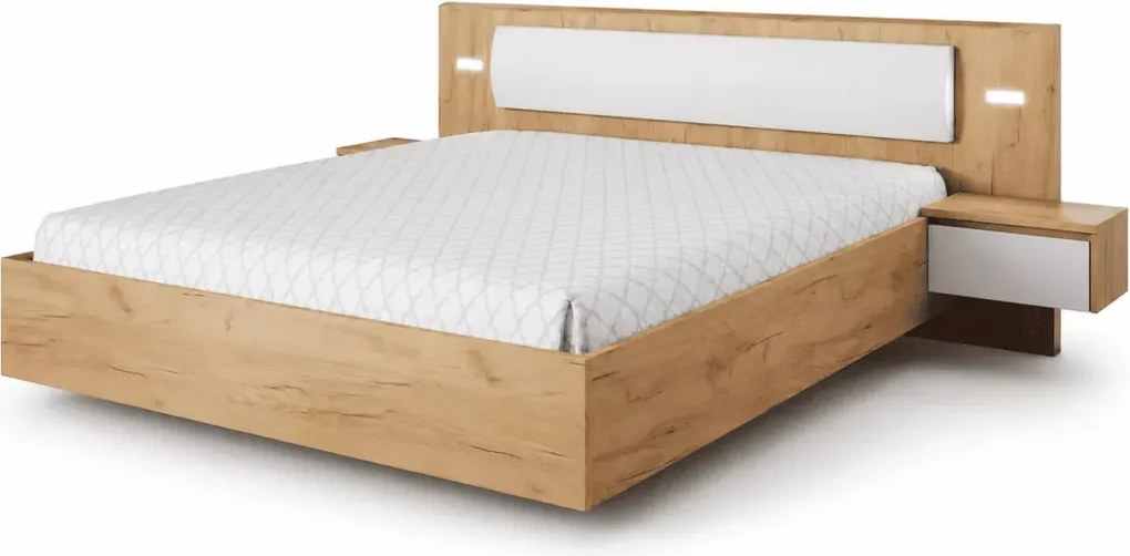 Łóżko Gino 160x200 z tapicerowanym zagłówkiem, stolikiem nocnym i oświetleniem LED
