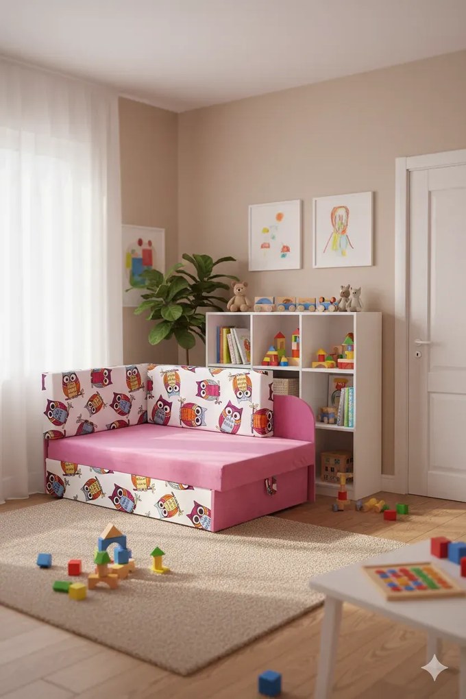 Różowy młodzieżowy rozkładany tapczan w sowy R3-S00