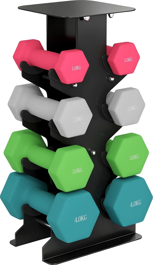 SPORTNOW Zestaw hantli 4 pary ze stojakiem, antypoślizgowe uchwyty, 1-4 kg, sześciokątny | Aosom PL