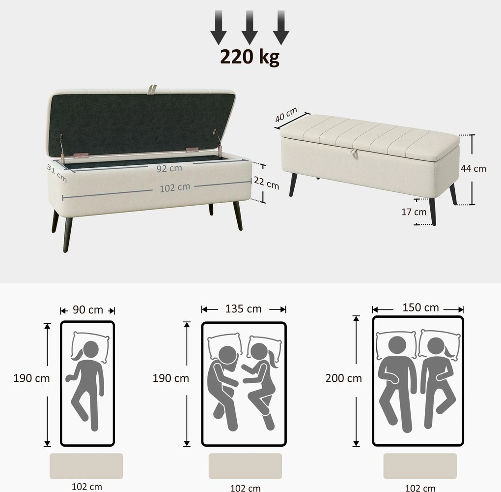 HOMCOM Ławka z miejscem do przechowywania, tapicerowana w lnianym stylu, skrzynia siedziskowa z metalowymi nogami 102 x 40 x 44 cm, kremowobiały | Aosom PL