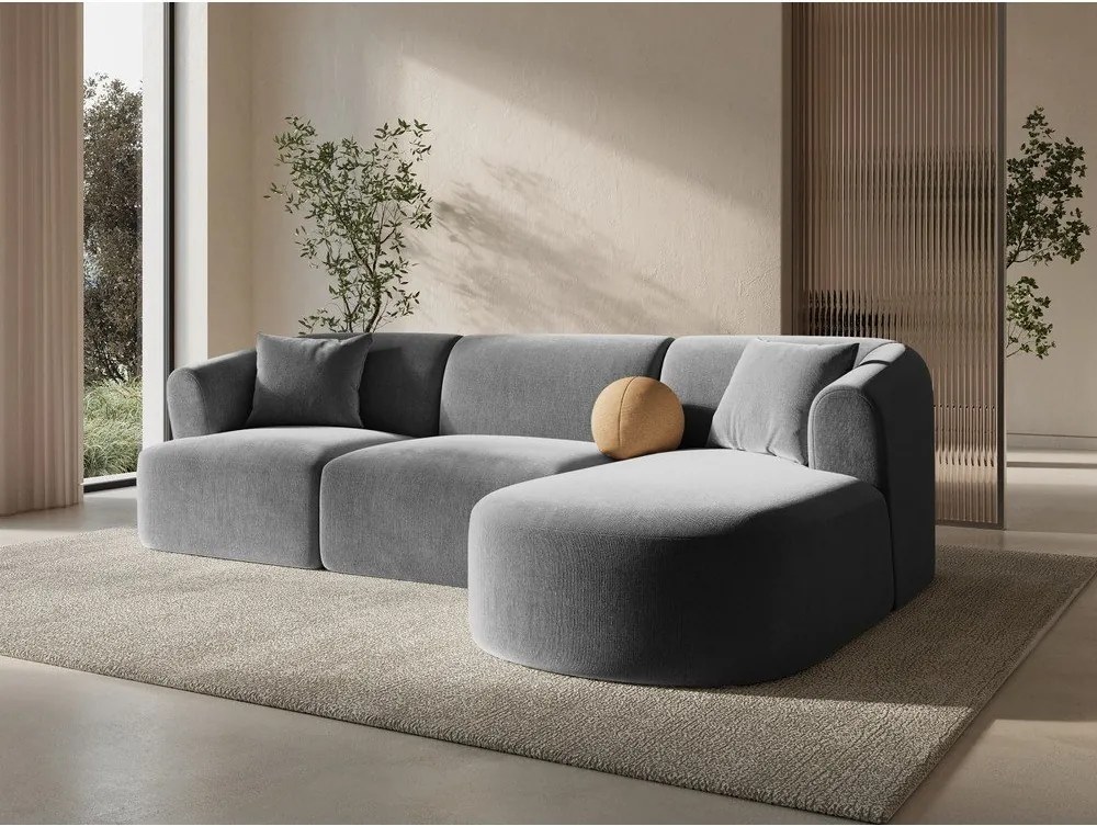 Jasnoszary aksamitny narożnik (prawostronny/z szezlongiem) Campi – Cosmopolitan Design