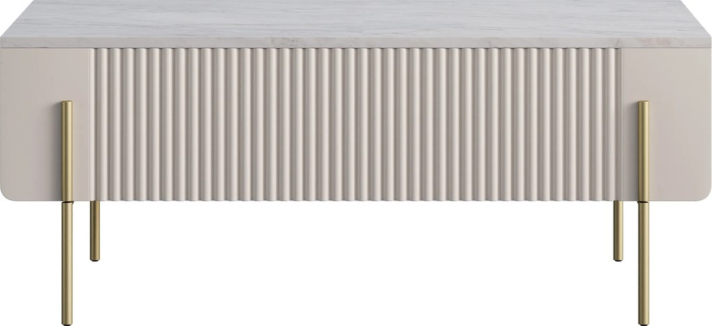 Stolik kawowy Malmi 100 cm z szufladami - kaszmir / crema bianca / złote nóżki
