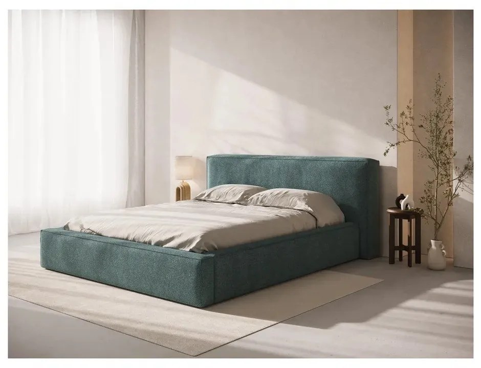 Niebieskie tapicerowane łóżko dwuosobowe ze schowkiem ze stelażem 200x200 cm Simon Olivia – Micadoni
