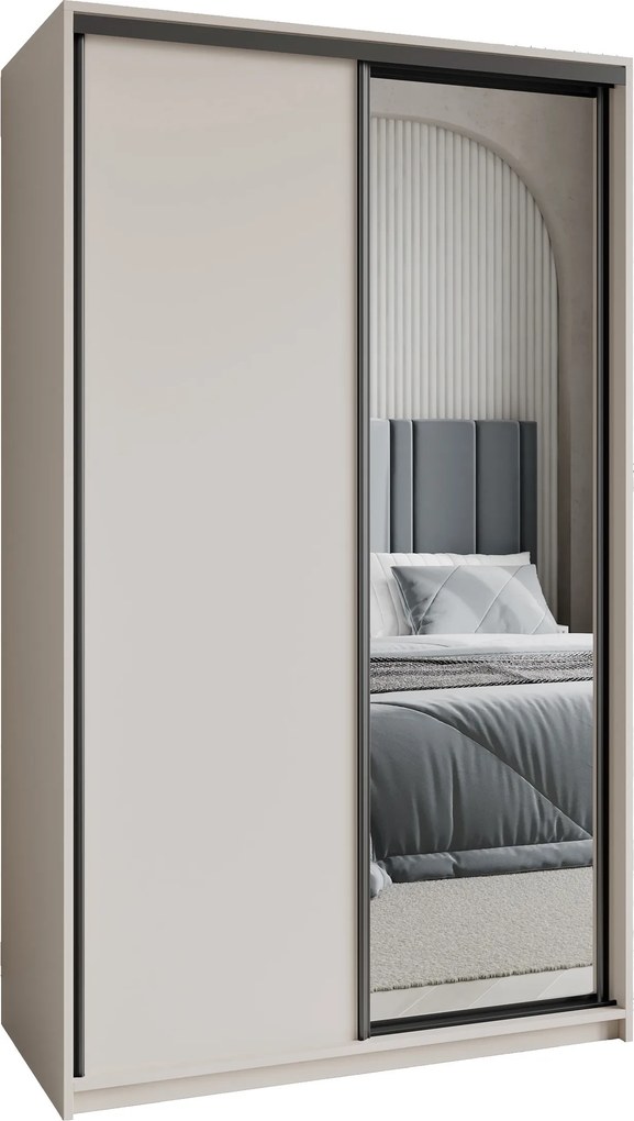 Szafa Przesuwna TAVI 120 cm z Lustrem Szafa Dwudrzwiowa z Szufladami Kaszmir / Czarne Profile