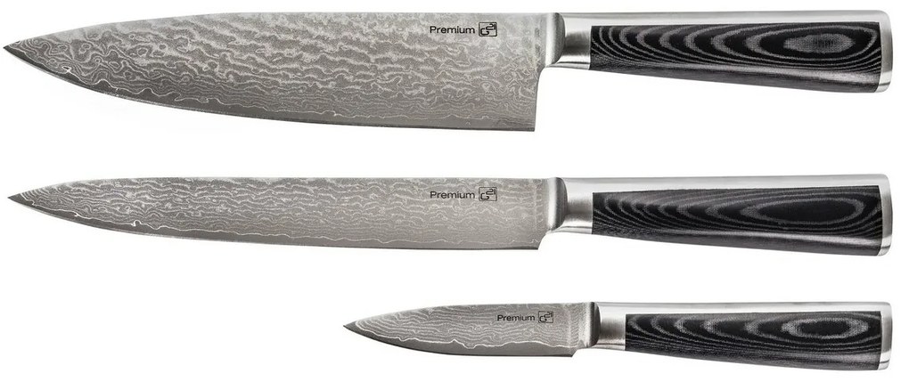 Zestaw noży G21 Damascus Premium w bambusowym bloku, pudełko, 3 szt. + kamień do ostrzenia