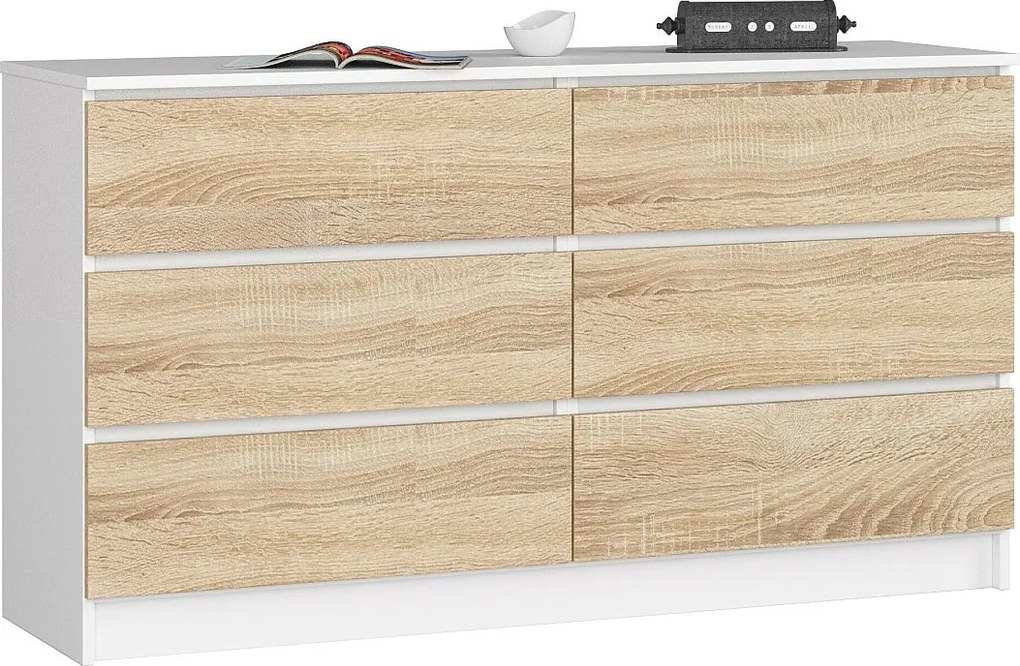 Komoda AKORD K140 Biała 138 cm 6 szuflad kolor Dąb Sonoma mat 138x40x77 cm
