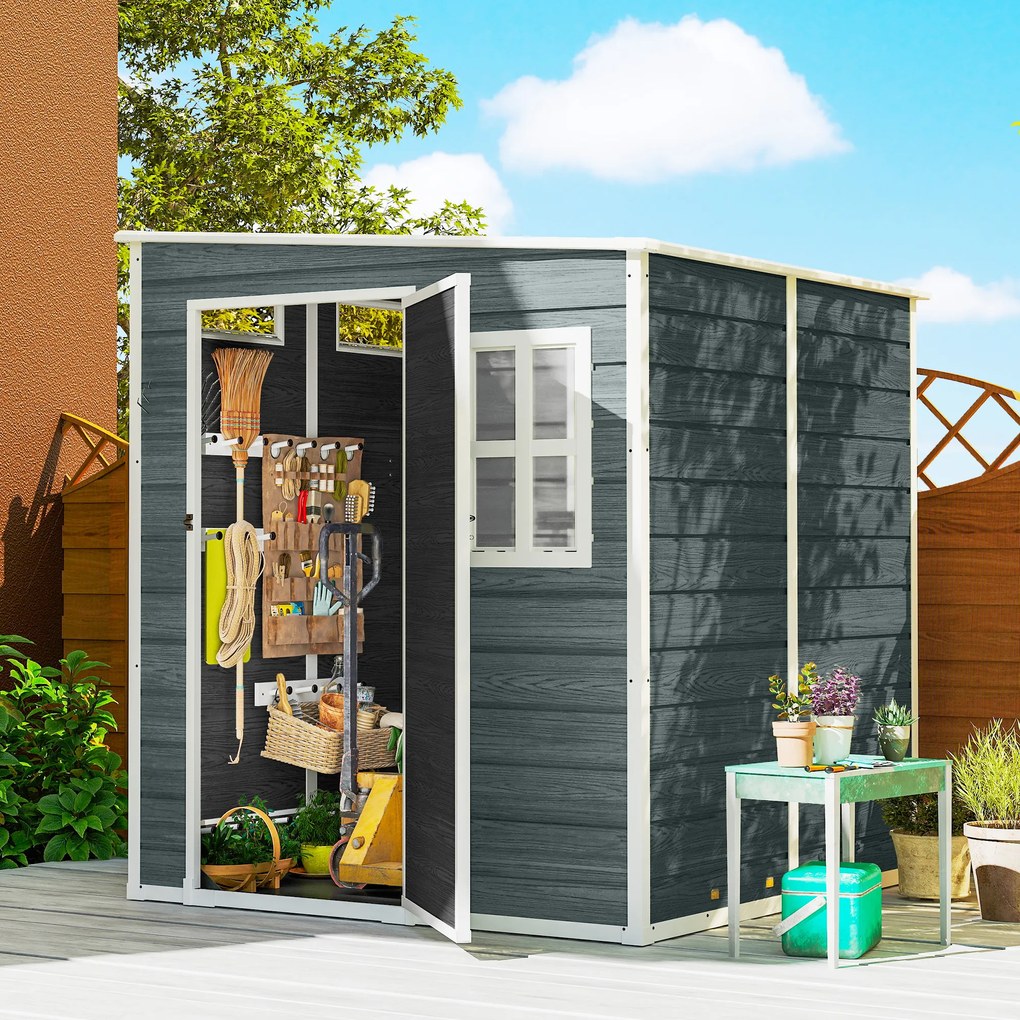 Outsunny Domek ogrodowy 2,89 m² z wyglądem drewna, 3 okna, wentylacja, podłoga, zamek, rękawice, 182 x 182 x 196 cm | Aosom PL