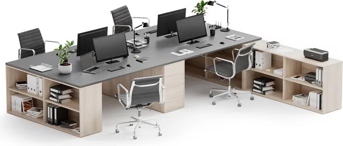 Zestaw biurek biurowych BLOCK B05, 4 stanowiska z przestrzenią do przechowywania, 360 × 320 cm, dąb naturalny/grafit