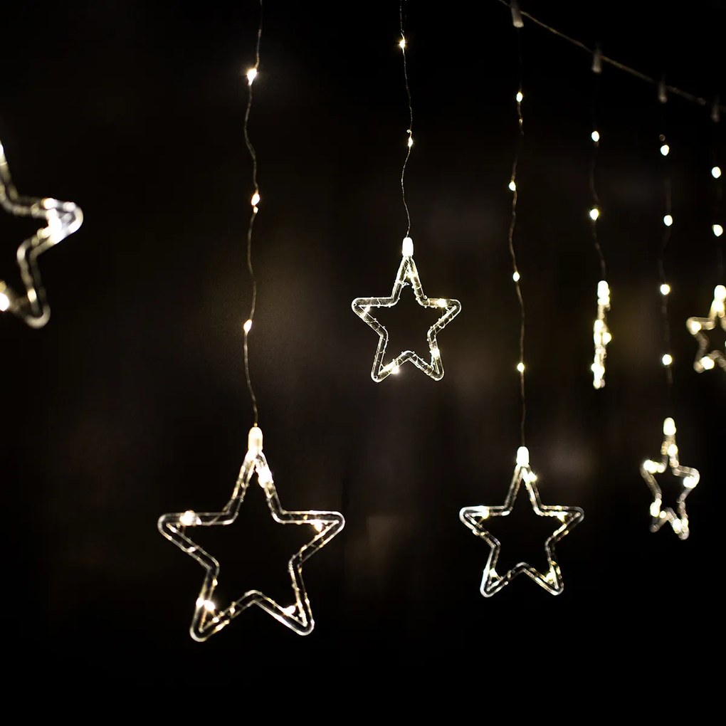 Kurtyna świetlna zewnętrzna Stars, 200 x 60 cm, LED, ciepła biała, timer, 8 funkcji, na baterie, 200 cm
