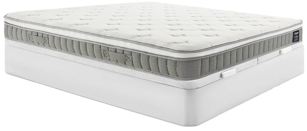 Zestaw 180 x 200 cm: stelaż ze skrzynią w kolorze białym + materac ze sprężynami kieszeniowymi i warstwą pianki z pamięcią kształtu, grubość 21 cm – VITOGO od YSMÉE