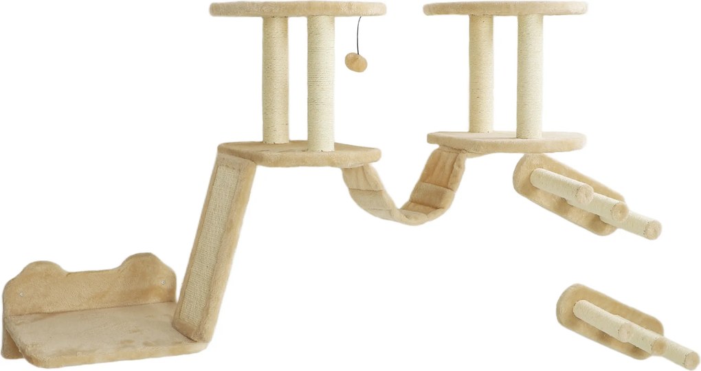 PawHut Zestaw schodków dla kota, montaż ścienny i sufitowy, dla kotów do 5 kg, Beżowy