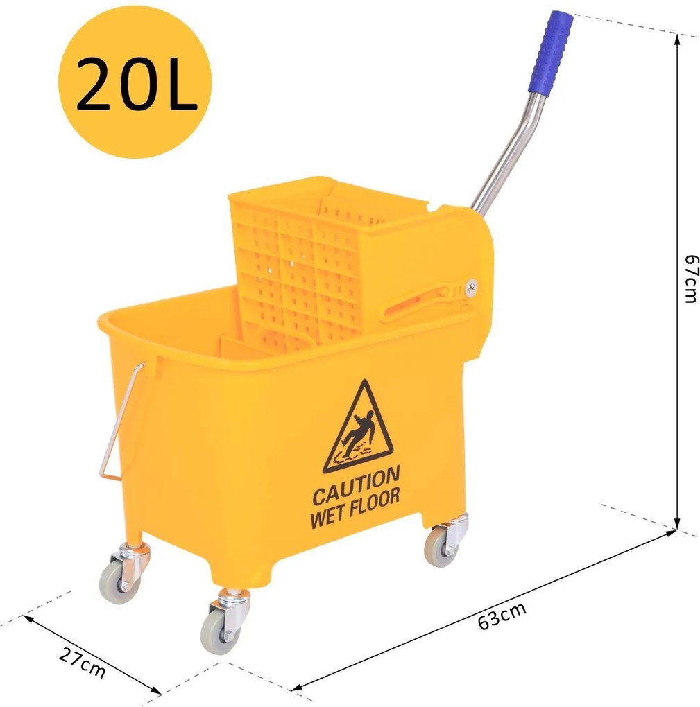 HOMCOM Profesjonalny Wózek do Sprzątania z Wiadrem i Praską Kolor Żółty 63x27x67cm | Aosom PL
