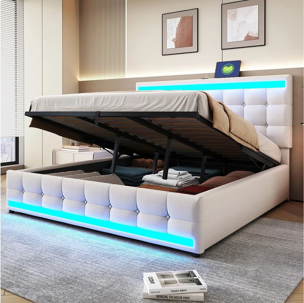 Łóżko z pojemnikiem 180 x 200 cm - Łóżko dla dzieci z ładowaniem USB i oświetleniem LED - beżowy len - bez materaca