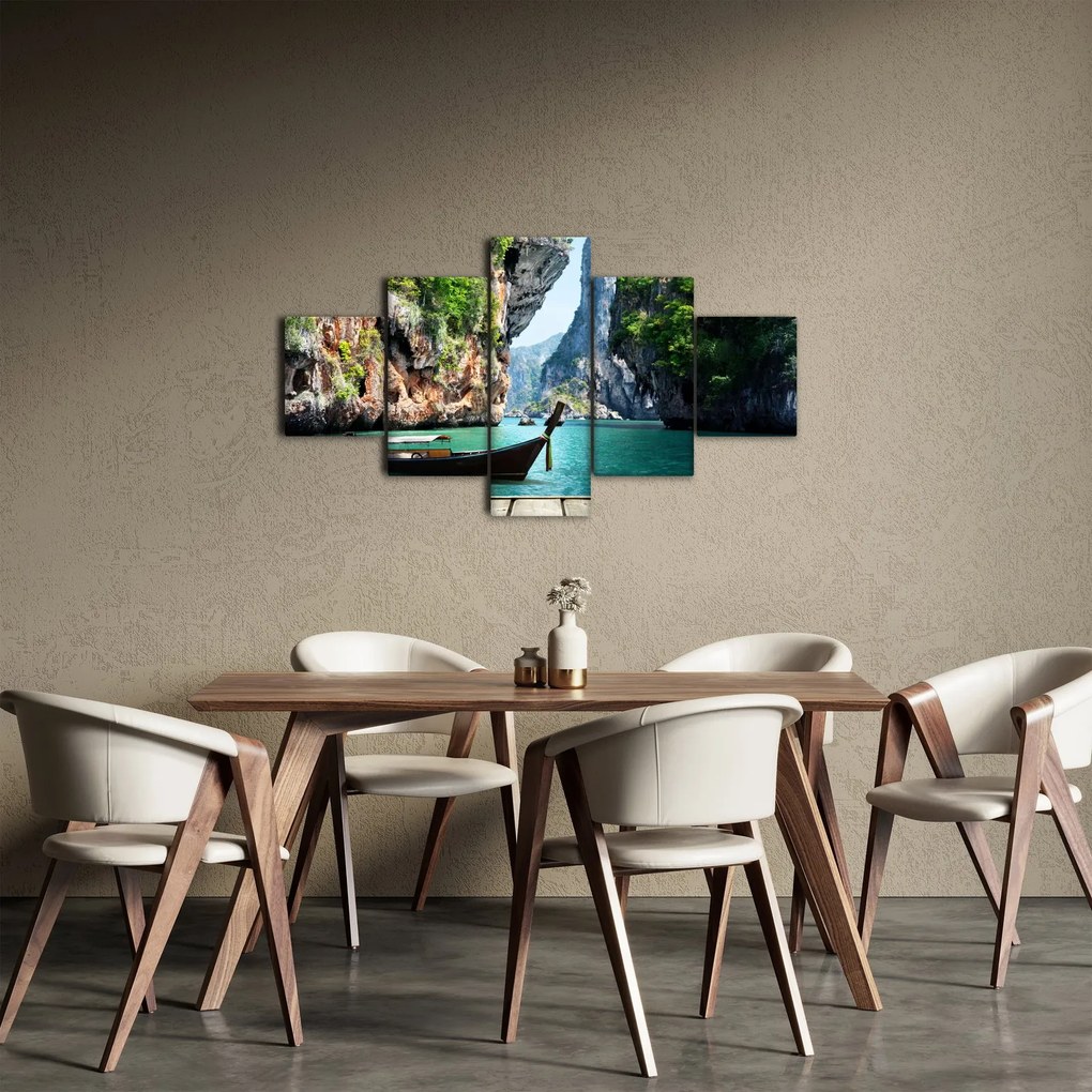 Obraz długiej łodzi na plaży (125x70 cm)