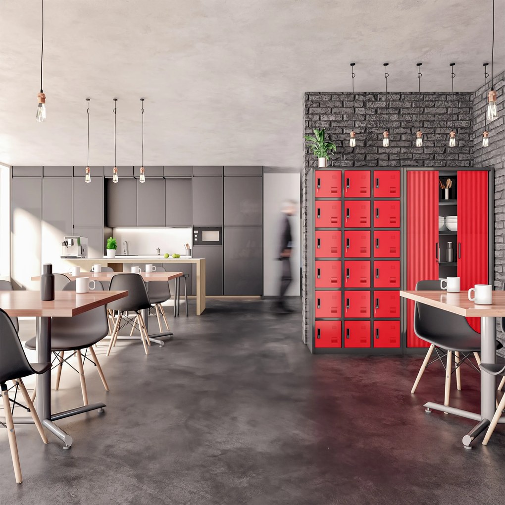 Szafka pracownicza skrytkowa antracytowo-czerwona: KAROL, 900 x 1850 x 400 mm