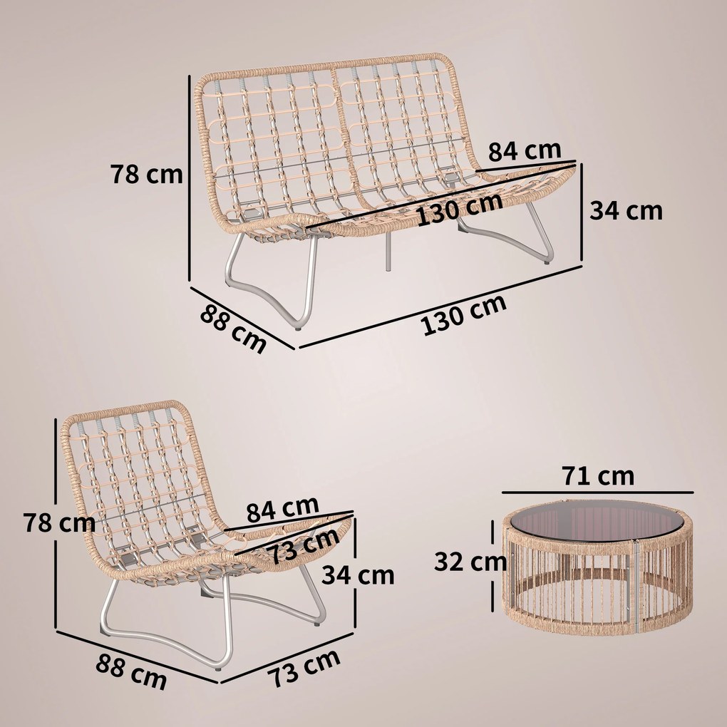 Outsunny Zestaw Mebli Ogrodowych 4-częściowy Zestaw Rattanowy z Sofą Dwuosobową, 2 Fotelami, Stolik ze Szkłem, Szerokie i Głębokie Siedziska, Grube Poduszki | Aosom PL