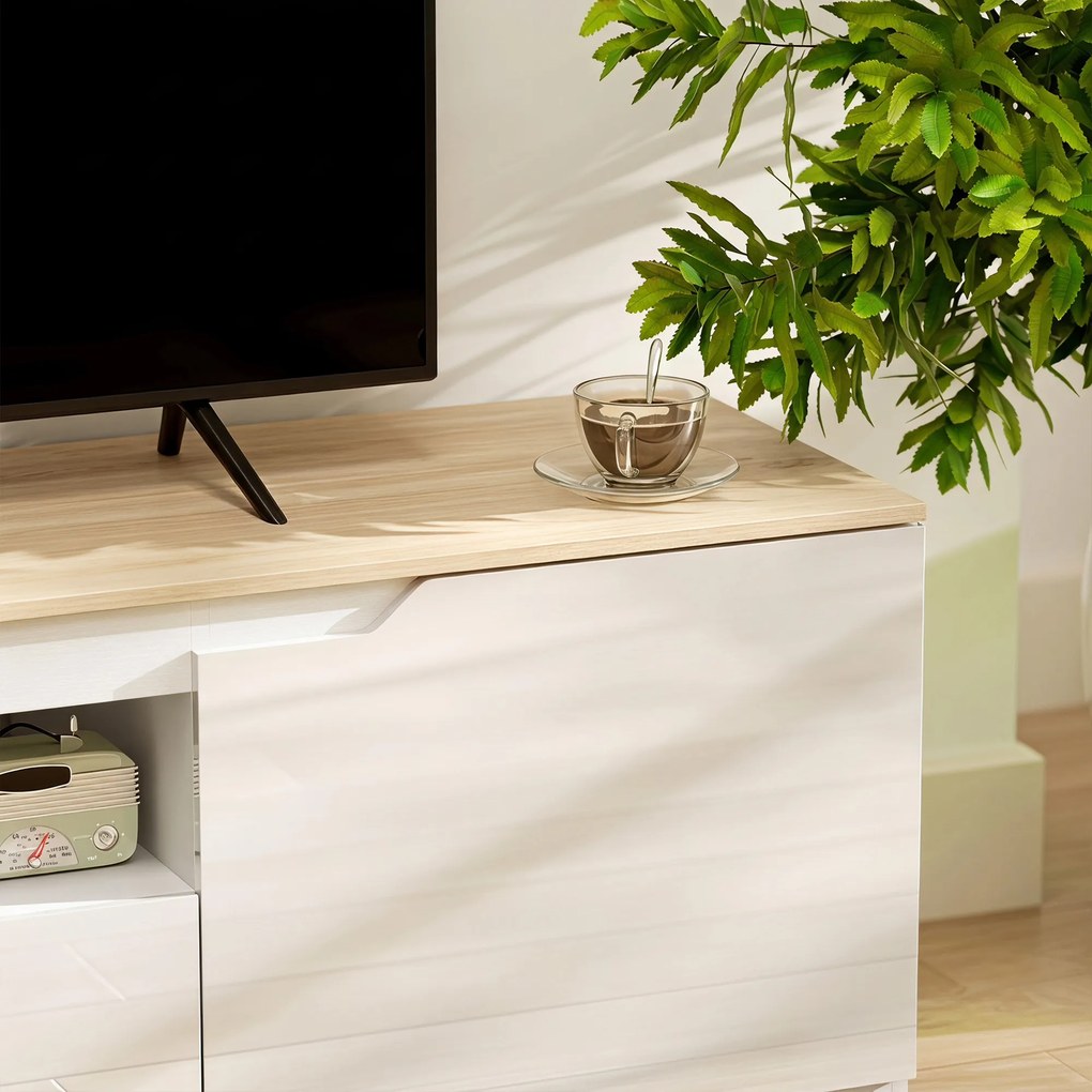 HOMCOM Lowboard TV, wysoki połysk, dla telewizorów do 165 cm, 3 schowki, szuflada, 160 x 38 x 43 cm, naturalne drewno | Aosom PL